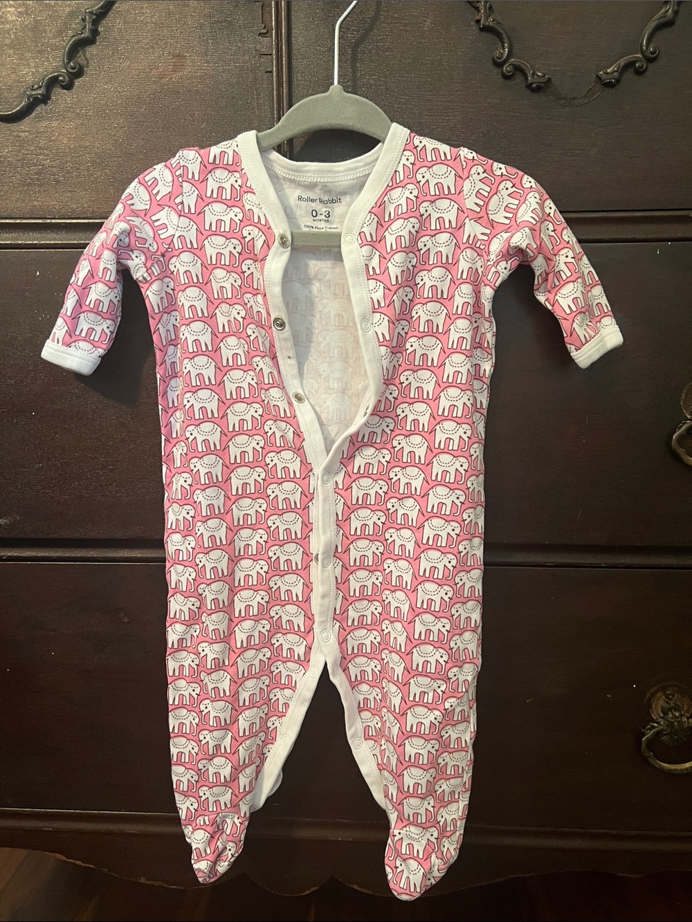 Roller Rabbit Pink and White Elephant Print Footed One-Piece